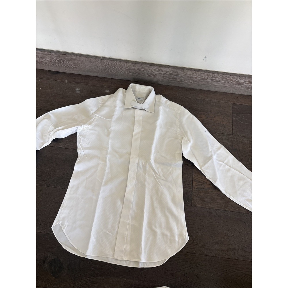 Brioni Button Down White Shirt With Textured Strips Size L